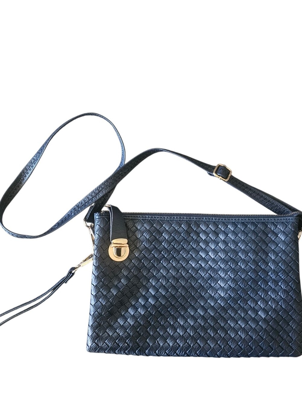 Woven Navy Blue Crossbody Shoulder Bag Gold Hardware Quiet Luxury Style